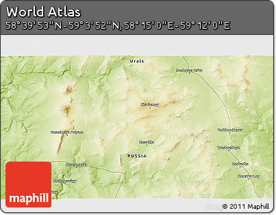 Physical 3D Map of the Area around 58° 51' 53" N, 58° 43' 30" E