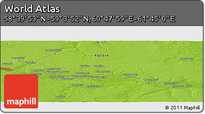 Physical Panoramic Map of the Area around 58° 51' 53" N, 61° 16' 29" E