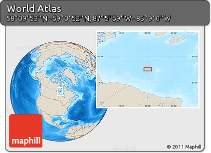 Shaded Relief Location Map of the Area around 58° 51' 53" N, 86° 37' 30" W