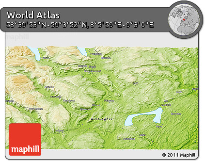 Physical 3D Map of the Area around 58° 51' 53" N, 8° 34' 29" E