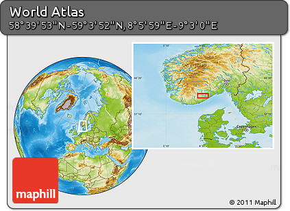 Physical Location Map of the Area around 58° 51' 53" N, 8° 34' 29" E