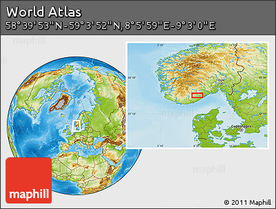 Physical Location Map of the Area around 58° 51' 53" N, 8° 34' 29" E