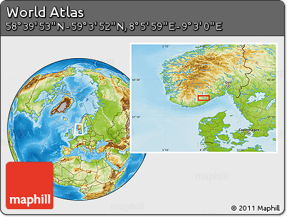 Physical Location Map of the Area around 58° 51' 53" N, 8° 34' 29" E