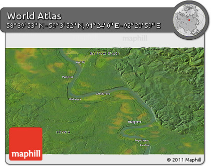 Satellite 3D Map of the Area around 58° 51' 53" N, 91° 52' 30" E