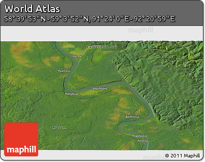 Satellite 3D Map of the Area around 58° 51' 53" N, 91° 52' 30" E