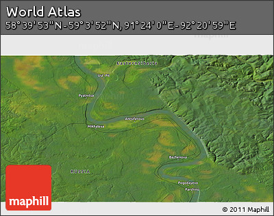 Satellite 3D Map of the Area around 58° 51' 53" N, 91° 52' 30" E