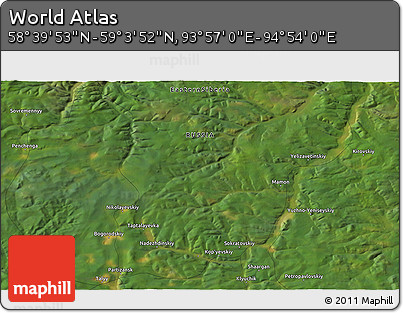 Satellite 3D Map of the Area around 58° 51' 53" N, 94° 25' 30" E