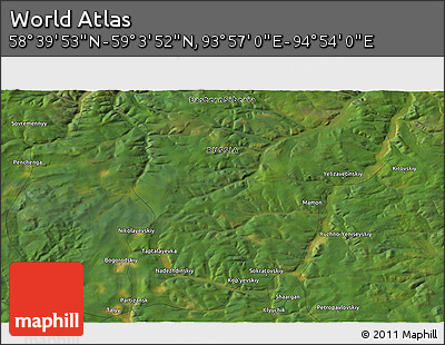 Satellite 3D Map of the Area around 58° 51' 53" N, 94° 25' 30" E