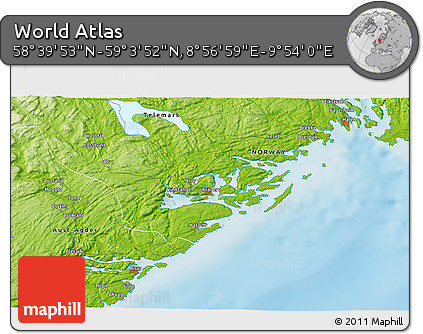 Physical 3D Map of the Area around 58° 51' 53" N, 9° 25' 30" E