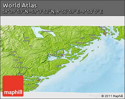 Physical 3D Map of the Area around 58° 51' 53" N, 9° 25' 30" E