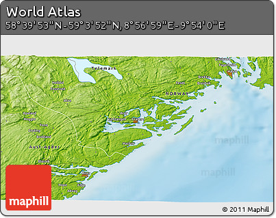 Physical 3D Map of the Area around 58° 51' 53" N, 9° 25' 30" E