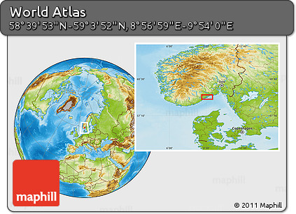 Physical Location Map of the Area around 58° 51' 53" N, 9° 25' 30" E