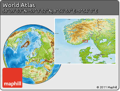 Physical Location Map of the Area around 58° 51' 53" N, 9° 25' 30" E