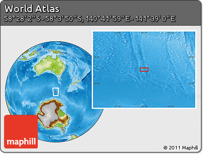Physical Location Map of the Area around 58° 15' 56" S, 141° 10' 30" E