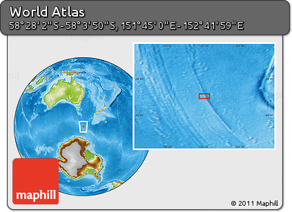 Physical Location Map of the Area around 58° 15' 56" S, 152° 13' 29" E