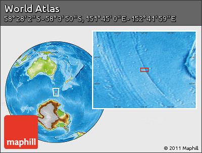 Physical Location Map of the Area around 58° 15' 56" S, 152° 13' 29" E
