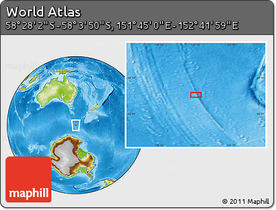 Physical Location Map of the Area around 58° 15' 56" S, 152° 13' 29" E