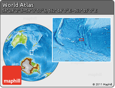 Physical Location Map of the Area around 58° 15' 56" S, 163° 16' 30" E