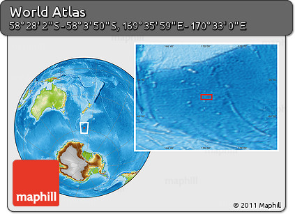 Physical Location Map of the Area around 58° 15' 56" S, 170° 4' 29" E