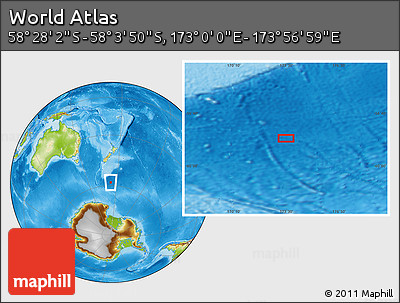 Physical Location Map of the Area around 58° 15' 56" S, 173° 28' 29" E