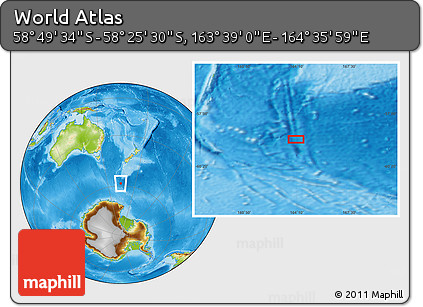Physical Location Map of the Area around 58° 37' 32" S, 164° 7' 30" E