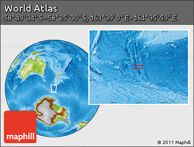 Physical Location Map of the Area around 58° 37' 32" S, 164° 7' 30" E
