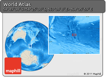 Shaded Relief Location Map of the Area around 58° 37' 32" S, 164° 7' 30" E