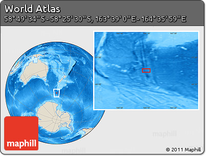 Shaded Relief Location Map of the Area around 58° 37' 32" S, 164° 7' 30" E