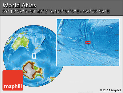 Physical Location Map of the Area around 58° 59' 1" S, 164° 7' 30" E