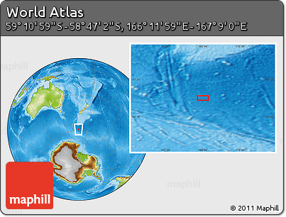 Physical Location Map of the Area around 58° 59' 1" S, 166° 40' 30" E