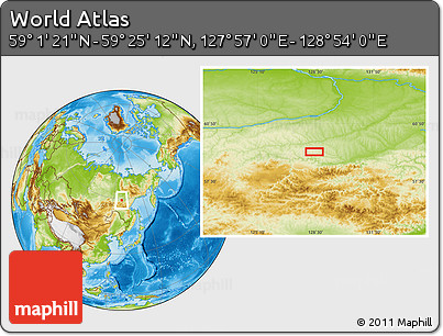 Physical Location Map of the Area around 59° 13' 17" N, 128° 25' 30" E