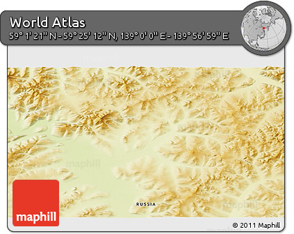 Physical 3D Map of the Area around 59° 13' 17" N, 139° 28' 29" E