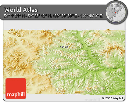 Physical 3D Map of the Area around 59° 13' 17" N, 140° 19' 29" E