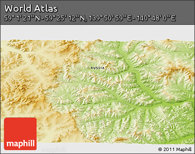 Physical 3D Map of the Area around 59° 13' 17" N, 140° 19' 29" E