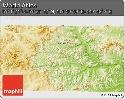 Physical 3D Map of the Area around 59° 13' 17" N, 140° 19' 29" E