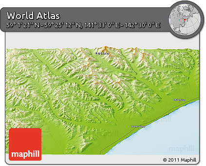 Physical 3D Map of the Area around 59° 13' 17" N, 142° 1' 30" E
