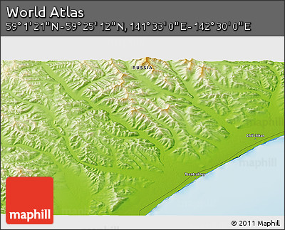 Physical 3D Map of the Area around 59° 13' 17" N, 142° 1' 30" E