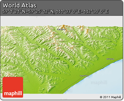 Physical 3D Map of the Area around 59° 13' 17" N, 142° 1' 30" E