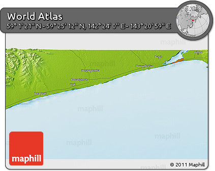 Physical 3D Map of the Area around 59° 13' 17" N, 142° 52' 30" E