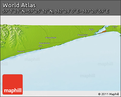 Physical 3D Map of the Area around 59° 13' 17" N, 142° 52' 30" E