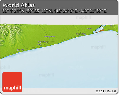 Physical 3D Map of the Area around 59° 13' 17" N, 142° 52' 30" E