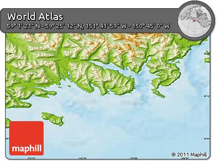 Physical Map of the Area around 59° 13' 17" N, 151° 13' 29" W