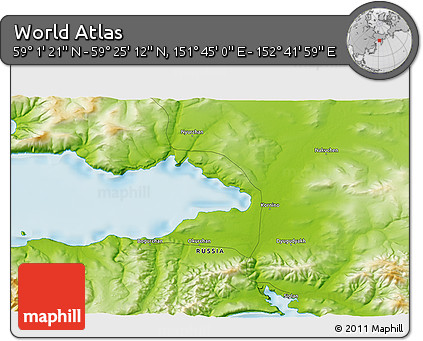 Physical 3D Map of the Area around 59° 13' 17" N, 152° 13' 29" E
