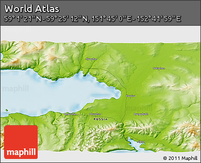Physical 3D Map of the Area around 59° 13' 17" N, 152° 13' 29" E