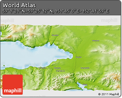 Physical 3D Map of the Area around 59° 13' 17" N, 152° 13' 29" E