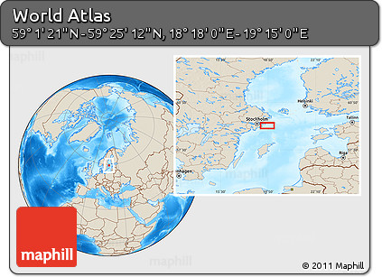 Shaded Relief Location Map of the Area around 59° 13' 17" N, 18° 46' 29" E