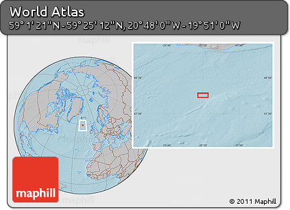 Gray Location Map of the Area around 59° 13' 17" N, 20° 19' 30" W, hill shading