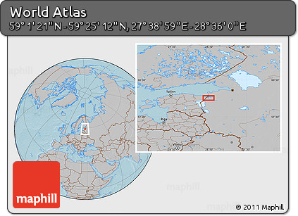 Gray Location Map of the Area around 59° 13' 17" N, 28° 7' 30" E, hill shading