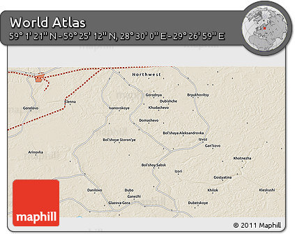 Shaded Relief 3D Map of the Area around 59° 13' 17" N, 28° 58' 30" E