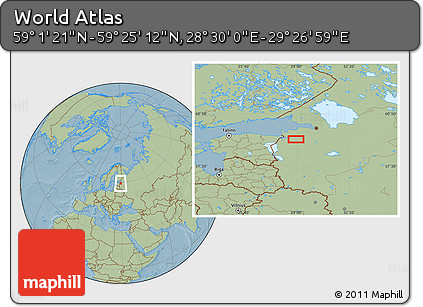 Savanna Style Location Map of the Area around 59° 13' 17" N, 28° 58' 30" E, hill shading
